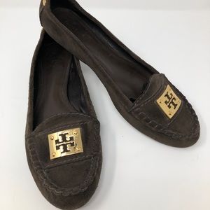 Tory Burch Brown Suede Flats, gold medallion 10.5M
